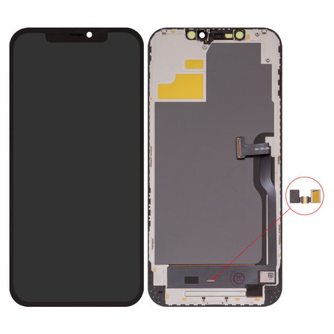 Дисплей для iPhone 12 Pro Max, черный, с рамкой, High Copy, с пластиками камеры и датчика приближения, без микросхемы, OLED , DD OLED