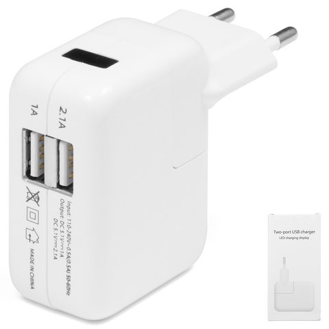 Mains Charger compatible with Apple Cell Phones; Apple Tablets; Apple MP3 Players, 10.5 W, white, 2 outputs 