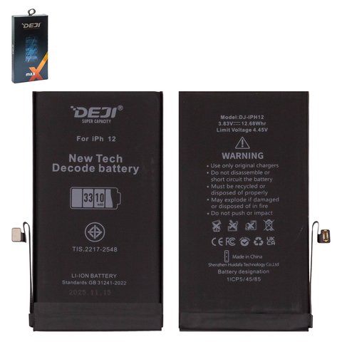 Batería Deji puede usarse con Apple iPhone 12, Li ion, 3.83 V , 3310 mAh, mayor capacidad, sin mensaje de error, decode battery