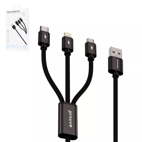USB кабель Proove Triple Connection, USB тип C, USB тип A, micro USB тип B, Lightning, 130 см, 2 A, черный, в нейлоновой оплетке, 3 в 1, #CCTC15001501